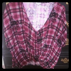 Strip button up short sleeve shirt